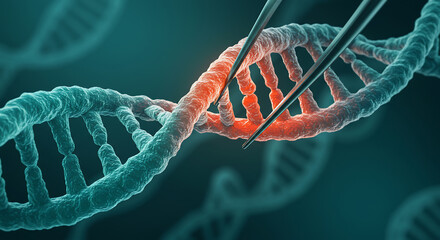 Close-up of a DNA strand being modified with tweezers. Concept for genetic engineering, gene therapy, biotechnology research, and DNA manipulation