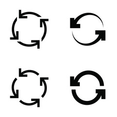 A set of black circular arrow icons representing rotation, reload, recycle, synchronization, and continuous process concepts. This minimalist vector design features clean lines and modern shapes