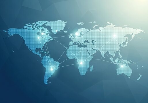 Global network connections illustrated on a world map with glowing points of light - Powered by Adobe