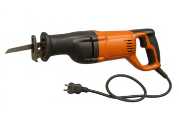 Reciprocating saw with orange and black body, powerful electric tool for cutting jobs, transparent background