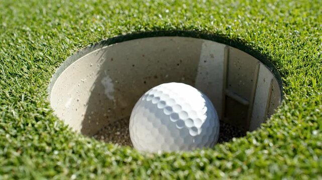 Close Up Golf Ball Dropping into Hole on Green.