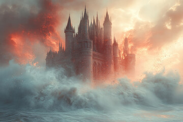 Fototapeta premium A Castle Breaking Apart in Floating Silver and Maroon