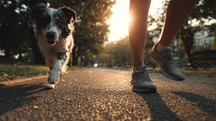 Close-up of a person's running shoes with a dog running beside them.