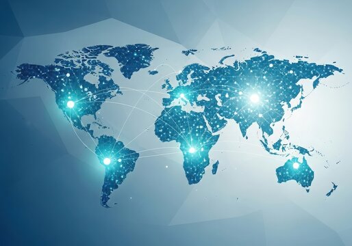 Global network connections abstract world map with glowing nodes and lines