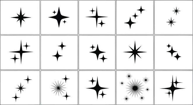 Collection of various star and cross symbols in a grid pattern, each with unique designs and orientations