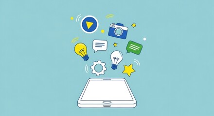 Creative digital tablet with icons representing ideas and technology.