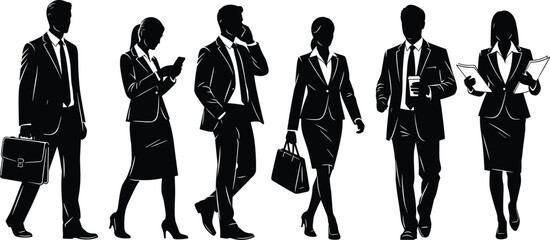Business professionals walking in silhouette, corporate team illustration, office workers in suits using phone, carrying briefcases, modern business lifestyle concept artwork