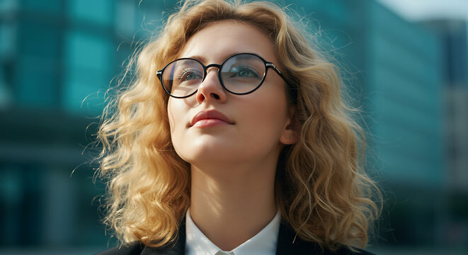 Confident young businesswoman with curly blonde hair and glasses looks up with a determined expression against a blurred modern city background - Powered by Adobe