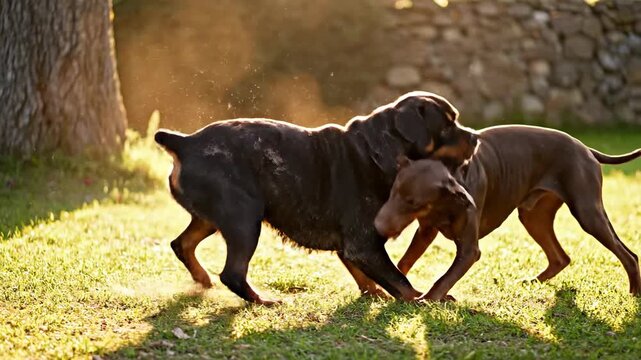 Rottweiler and Doberman dogs playfully interacting outdoors during golden hour.