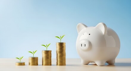 Piggy bank and growing stacked coins representing financial growth