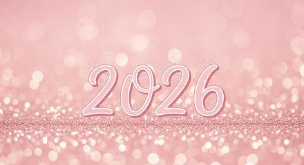 The year 2026 written in elegant pink script font over a sparkling rose gold glitter background with soft bokeh lights, perfect for a festive new year celebration concept