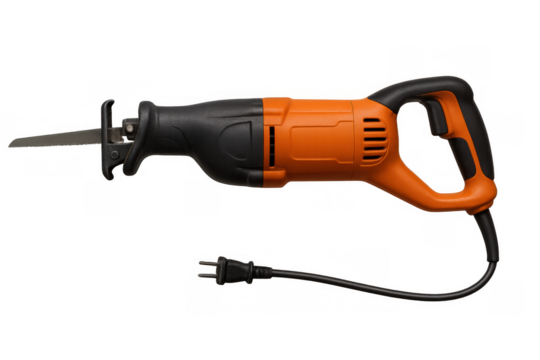 Electric reciprocating saw, colored orange and black, featuring a metal blade and power cord, seen on a transparent background