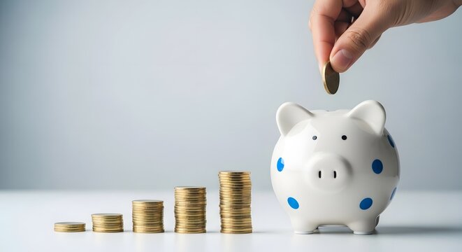 Saving money concept with piggy bank and coin stacks for future investment - Powered by Adobe