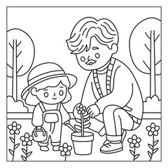 Father and kids coloring pages Dad with children activities line art illustration