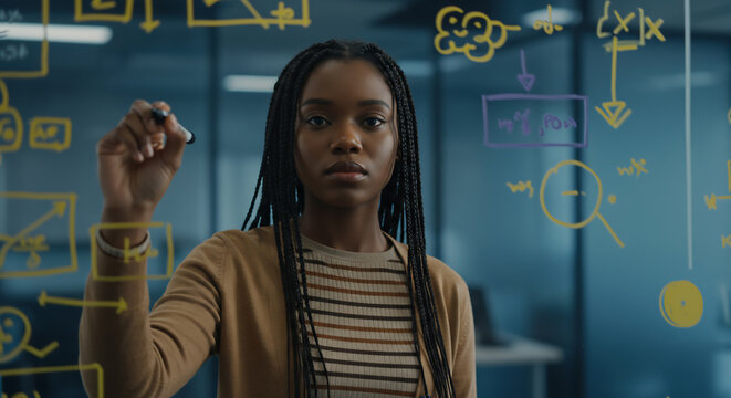 Focused young black woman writing on a transparent whiteboard in modern office setting