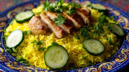 Colorful plate of aromatic yellow rice topped with grilled chicken slices and garnished with fresh cucumber and parsley on a vibrant patterned background