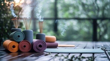 A minimalist collection of yoga mats, meditation cushions, and incense, arranged peacefully on a blur background