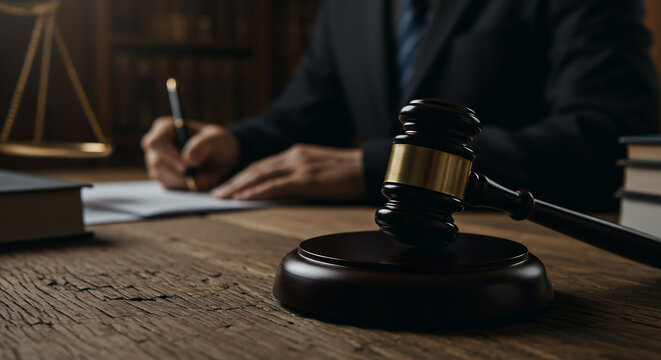 Gavel and lawyer in courtroom writing on legal document, legal services concept. Justice and law concept in dark indoor environment - Powered by Adobe