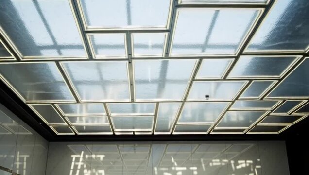 Glass ceiling skylight is a repeating square pattern viewed from the indoor space