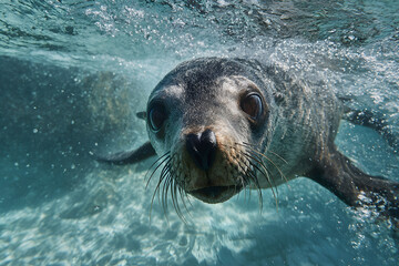 A close-up of a fur seal underwater
