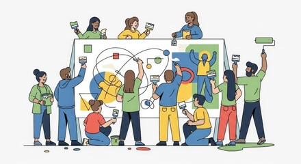 Diverse team collaborating on a large whiteboard with colorful diagrams and ideas.