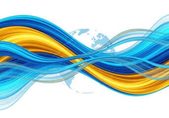 Blue and gold abstract waves flow across a translucent globe background