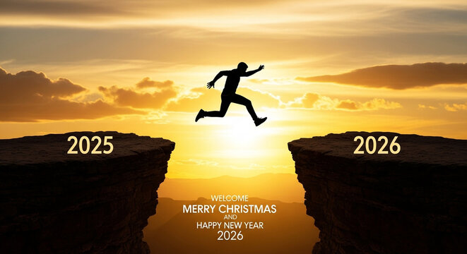 Silhouette of a person jumping across a chasm between two cliffs labeled 2025 and 2026 at sunset symbolizing transition, hope, and new year achievement
