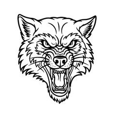 Obraz premium Snarling Wolf Head Classic Old-School Tattoo Stencil, Dramatic Curvature and Flow Linework