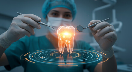 Medical professional examining a virtual tooth with instruments. This portrays digital dentistry and modern dental care