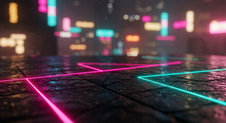 Neon pink and cyan lights crisscross a wet, textured urban floor at night. Blurred city lights provide a vibrant, futuristic cyberpunk background
