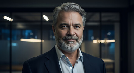 Obraz premium Portrait of a confident, mature businessman with gray hair and beard, in a suit, standing in a modern office