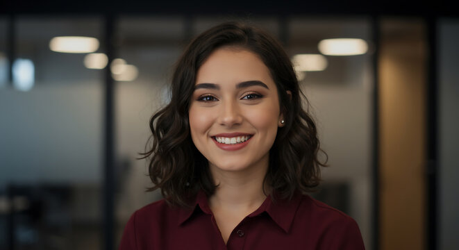 Portrait of a confident young woman with a warm, cheerful smile looking directly at the camera