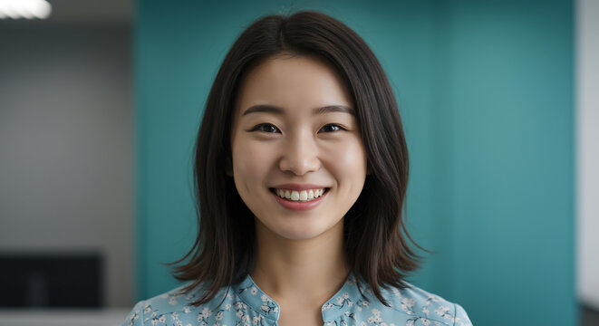 Portrait of a smiling Asian woman against a teal background. She's wearing a light blue floral blouse