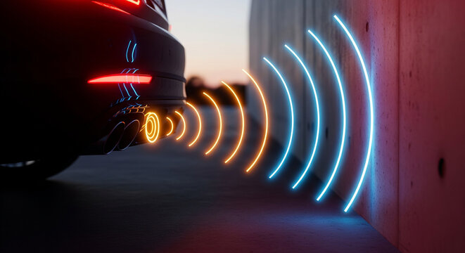 Closeup of a cars rear bumper with parking sensors emitting orange and blue light waves, indicating proximity to a wall and assisting with safe parking maneuvers in low light conditions