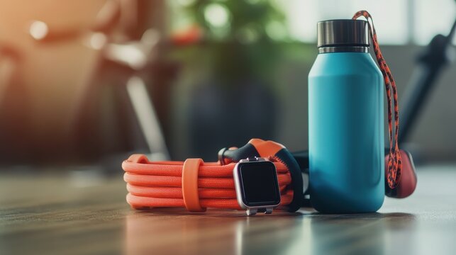 fitness setup featuring a smartwatch, resistance bands, and a sleek water bottle, arranged stylishly on a blur background