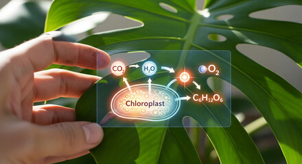 A hand holding a transparent screen displaying a diagram of chloroplast function, showing the conversion of co2 and h2o into o2 and c6h12o6, illustrating photosynthesis in a plant leaf