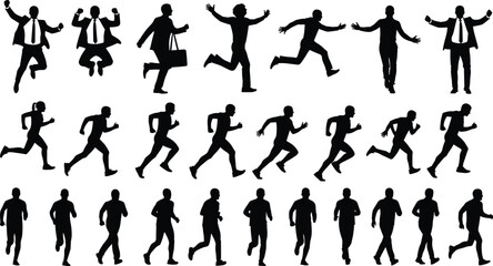 Business people running walking jumping silhouette set, dynamic motion poses collection, corporate activity illustration, black silhouette teamwork concept design