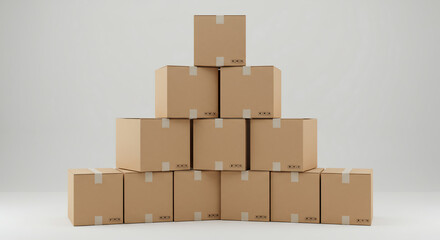 Pyramid stack of brown cardboard shipping boxes on a clean white background. This 3D render symbolizes efficient logistics, e-commerce, and delivery