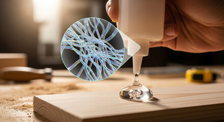 A closeup of a hand applying clear liquid glue from a bottle onto a wooden surface, with a magnified view showing the intricate network of adhesive molecules bonding the material