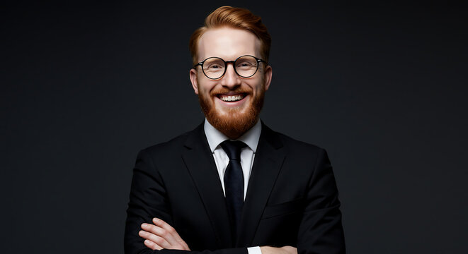 Smiling, confident businessman with red hair, beard, and glasses, in a suit, arms crossed. He projects intelligence and approachability