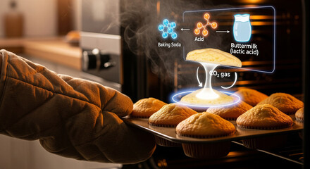 Baking soda and baking powder reaction in oven with steam and chemical formula illustration