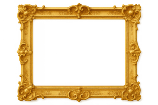 Ornate gold picture frame with intricate baroque rococo carvings and transparent empty canvas