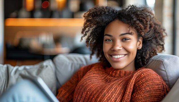 Smiling woman engaged in remote work on a tablet while relaxing on a sofa in soft light - Powered by Adobe