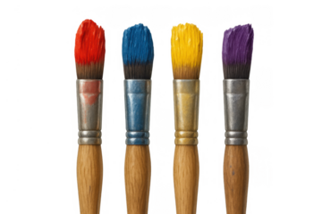 Paintbrushes with vivid wet paint on bristles, showing primary and secondary hues for art, education, and creative projects