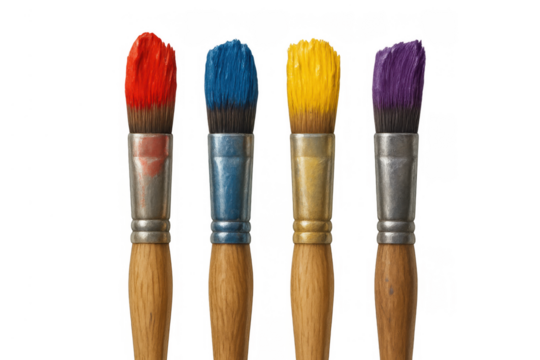 Paintbrushes with vivid wet paint on bristles, showing primary and secondary hues for art, education, and creative projects