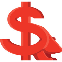 Red dollar sign symbol with a bear silhouette emerging from behind on a transparent background representing financial market trends and stock exchange downturns