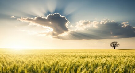 Golden Field Under Dramatic Sky with Sun Rays and Lone Tree.