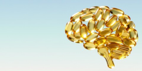 Brain Health Concept: Golden Omega-3 fish oil capsules arranged in a human brain shape on light blue panoramic background with copy space