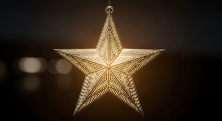 Golden Star Ornament Hanging Indoors with Soft Bokeh Background.