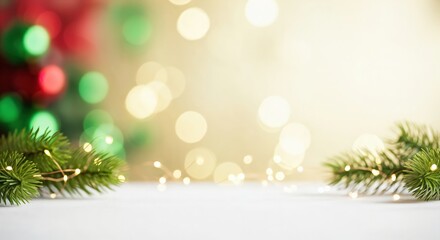 Festive Christmas holiday background with green fir tree branches, sparkling fairy lights, and blurred red, green, and golden bokeh lights.